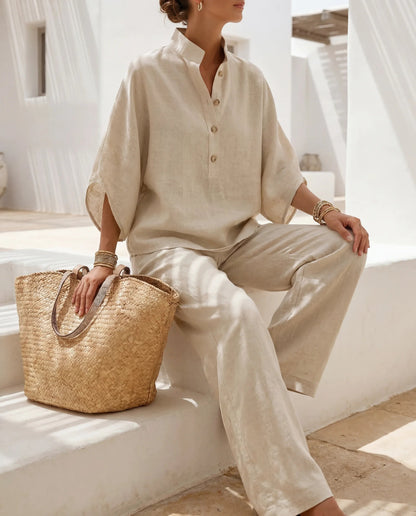 Maribel | Conjunto de lino con mangas murciélago y pantalón ancho