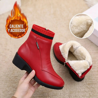 【35-41】Botines de cuero para mujer, botas de invierno forradas de felpa, calzado para personas mayores, botas con suela blanda para madres