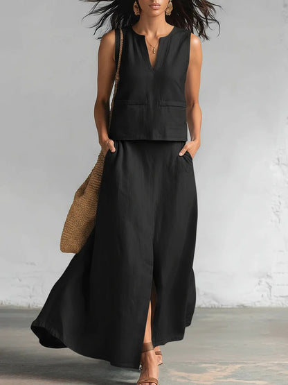 🔥 ¡Nueva llegada de verano! 😍 2026 Nuevo conjunto de dos piezas para mujer en colores sólidos: top de lino con cuello en V sin mangas y falda midi fluida