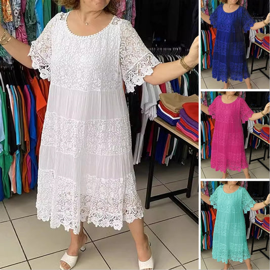 [S-5XL]Nové čipkované šaty s okrúhlym výstrihom a krátkym rukávom 3684429