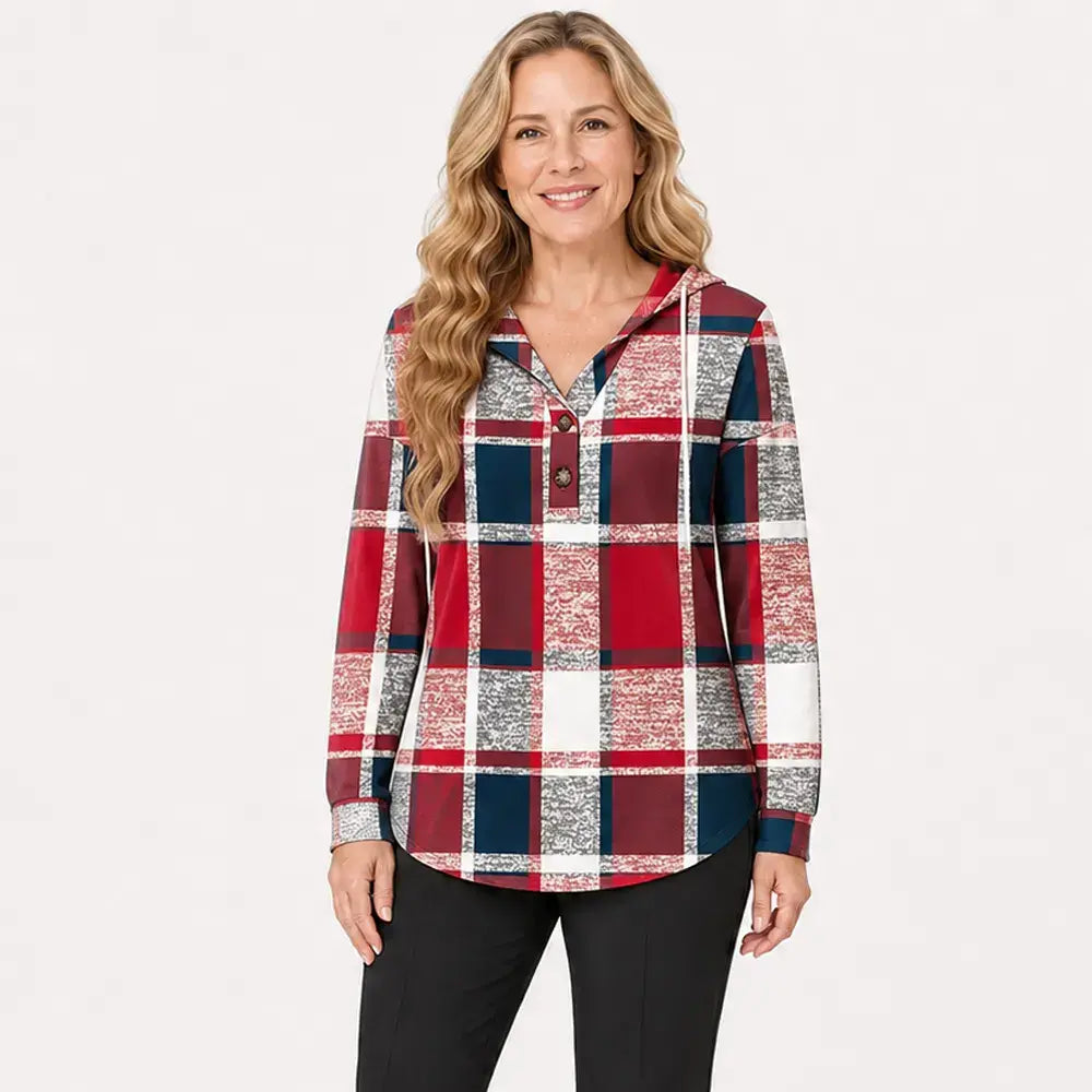 🧥Suéter de cuadros para mujer con capucha y cuello en V, con botones y mangas largas. Suéter holgado de cuadros para otoño e invierno.