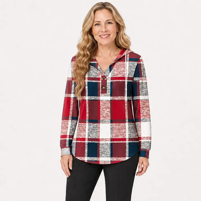 🧥Suéter de cuadros para mujer con capucha y cuello en V, con botones y mangas largas. Suéter holgado de cuadros para otoño e invierno.