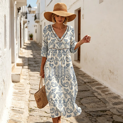 👗【Výpredaj na konci sezóny】Letné bavlnené ľanové šaty s potlačou, dlhé, s výstrihom do V (S-3XL)