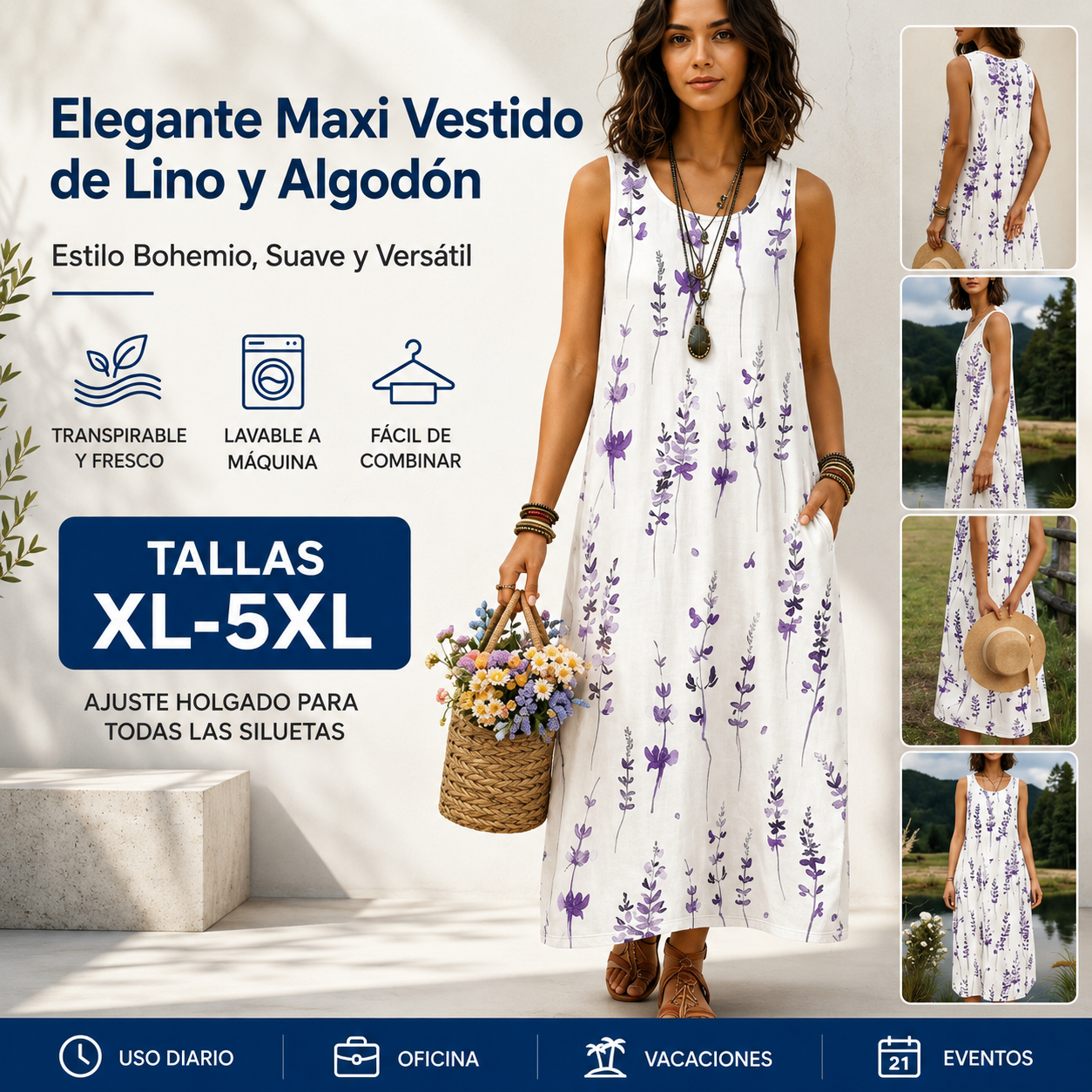 💎2026 Alta calidad💎【XL-5XL】Vestido de mujer de algodón y lino con cuello en V, transpirable y suave, cómodo de llevar