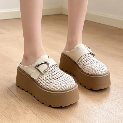 Zuecos con plataforma track para verano: diseño de tejido calado transpirable, estilo retro moderno, tallas 35-40