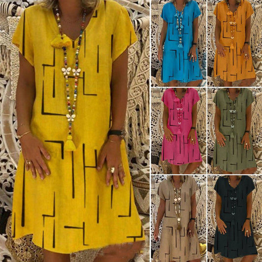 Horúci výpredaj【S-5XL】🏆👗 Jednofarebné jednoduché bavlnené šaty s výstrihom do V, módne šaty s potlačou
