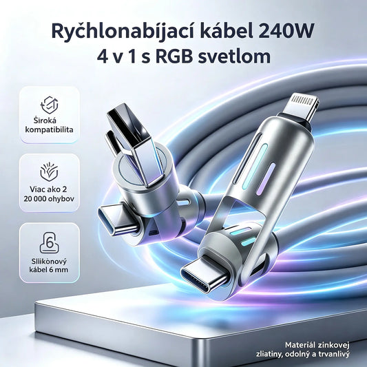 🔥 【2 kusy za 22 €】 🔥 (2 metre dlhý) 4-v-1 PD 240W kábel – rýchle nabíjanie (USB‑C, Lightning a USB‑A), hliník a silikón, synchronizácia dát ⚡📱