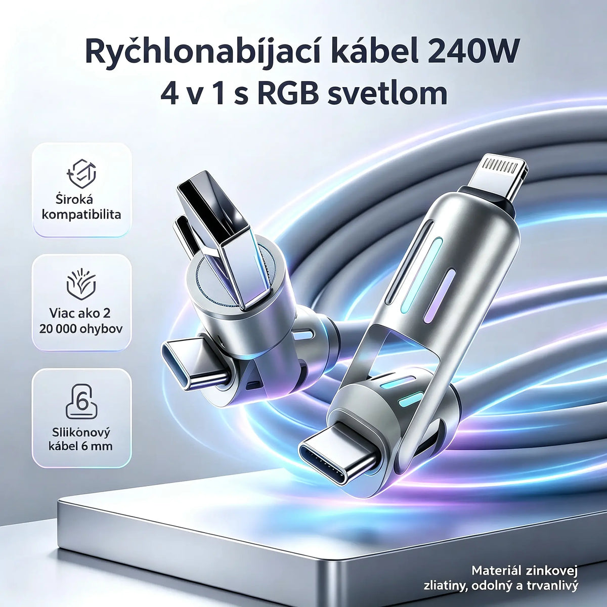 🔥 【2 kusy za 22 €】 🔥 (2 metre dlhý) 4-v-1 PD 240W kábel – rýchle nabíjanie (USB‑C, Lightning a USB‑A), hliník a silikón, synchronizácia dát ⚡📱
