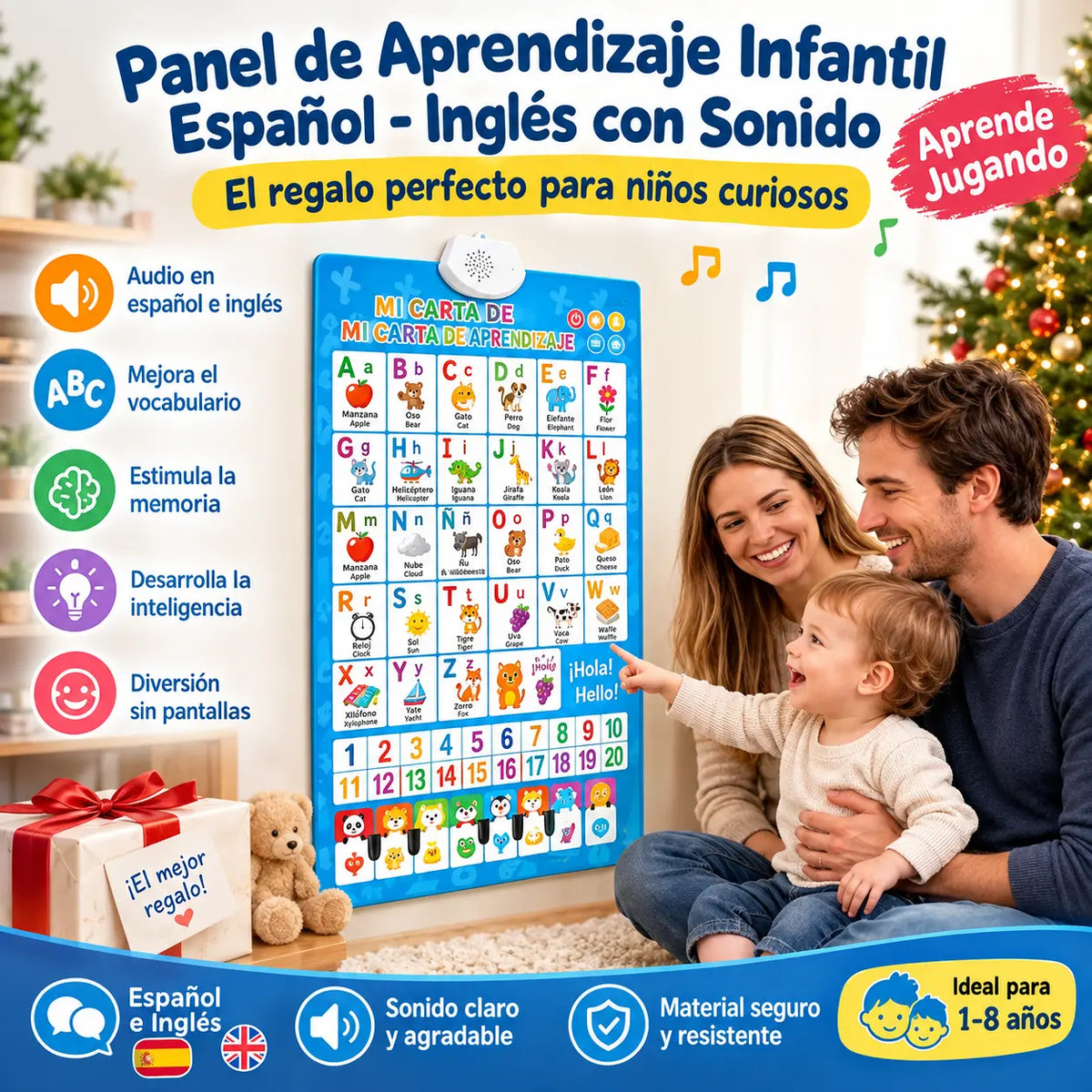 🔊 Lámina Educativa Parlante Bilingüe Español-Inglés | Abecedario con Sonido 26/27 Letras | Set de Regalo de Lujo para Niños 🎁
