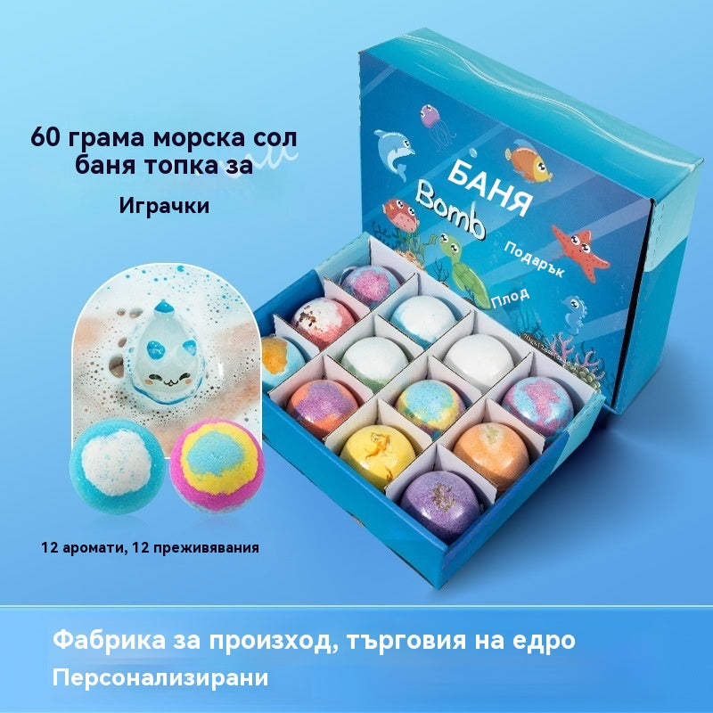 【12 броя 35 евро】Комплект от 12 топчета сол за вана във формата на морски животни (60 г всяка) за деца.