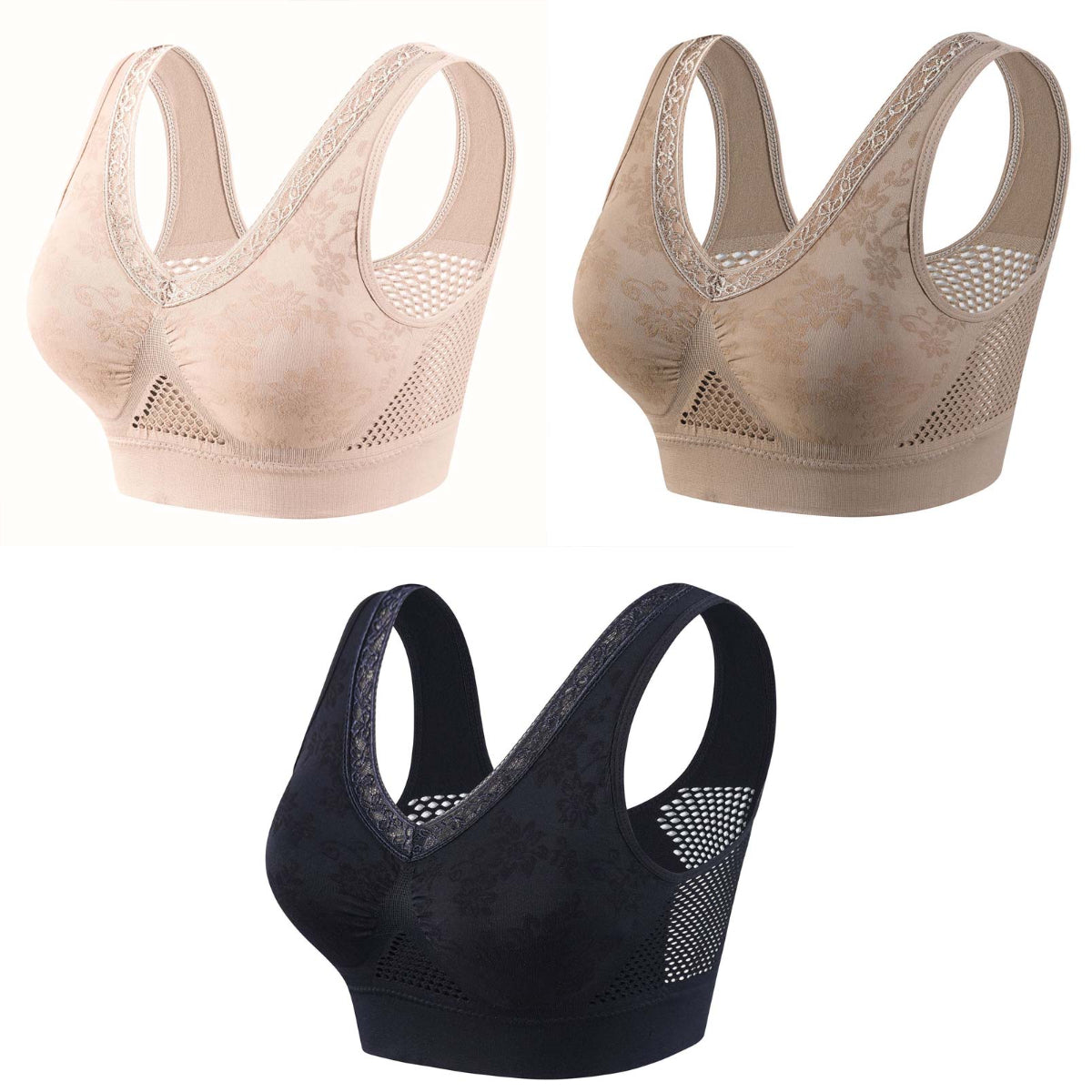 😍🧊[Paquete de 3] ❤️Talla grande 40-120 kg✨Sujetador de encaje sin aros para mujer, alta sujeción