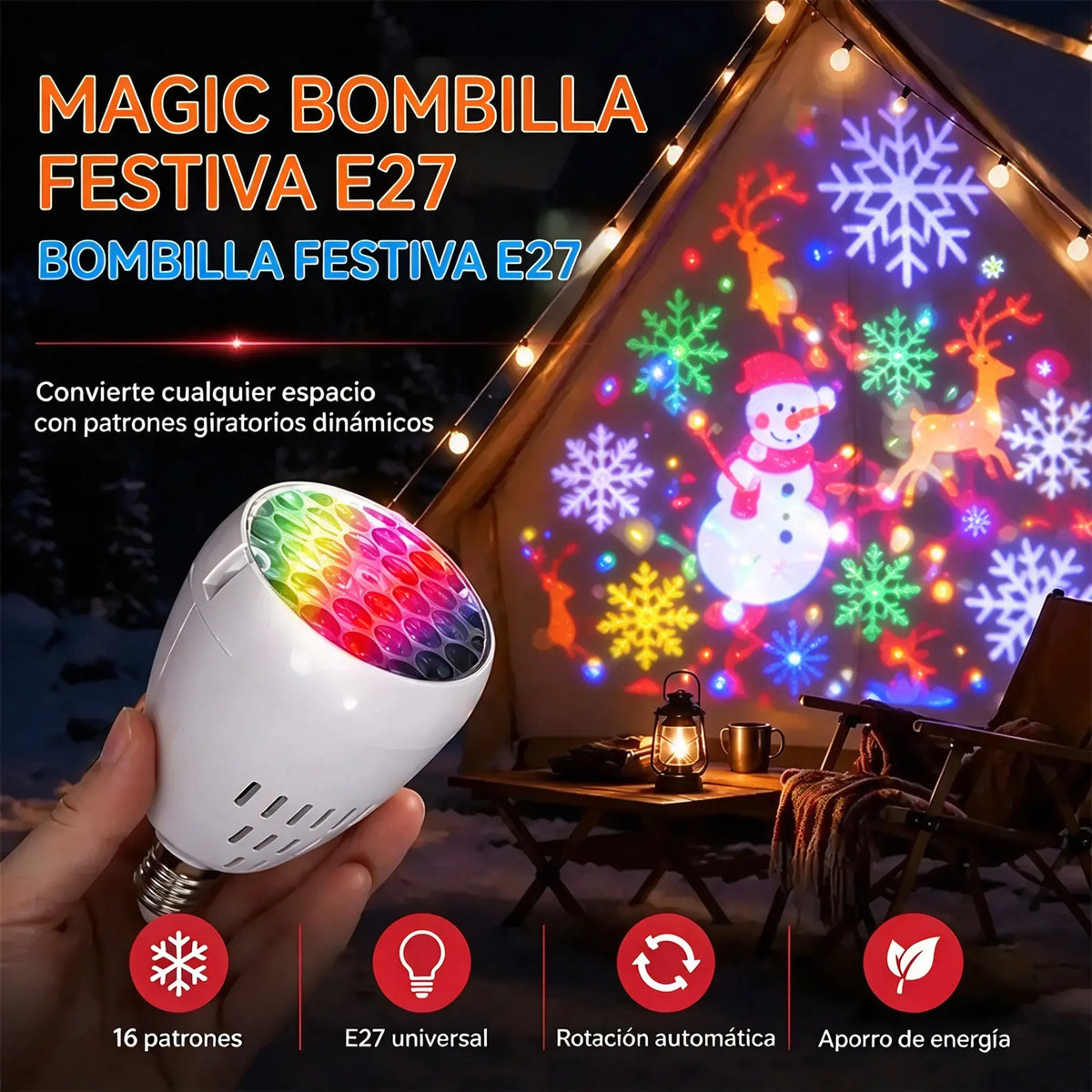 ✨ Bombilla LED de proyección navideña E27 | 16 patrones dinámicos | Crea un ambiente festivo en segundos 🎄