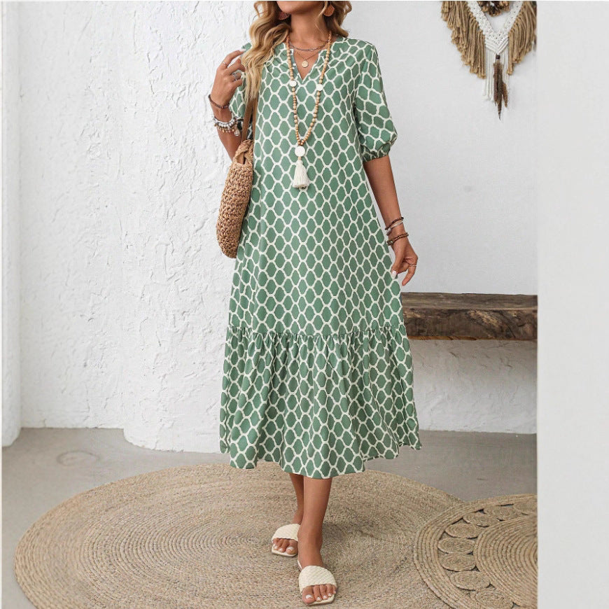 【50% de descuento】【Tallas S-2XL】🌺🌺 Vestido moderno y elegante con estampado geométrico y escote en V.