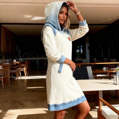 🔥🌷🌞Zimná novinka Módne džínsové patchworkové šaty s kapucňou