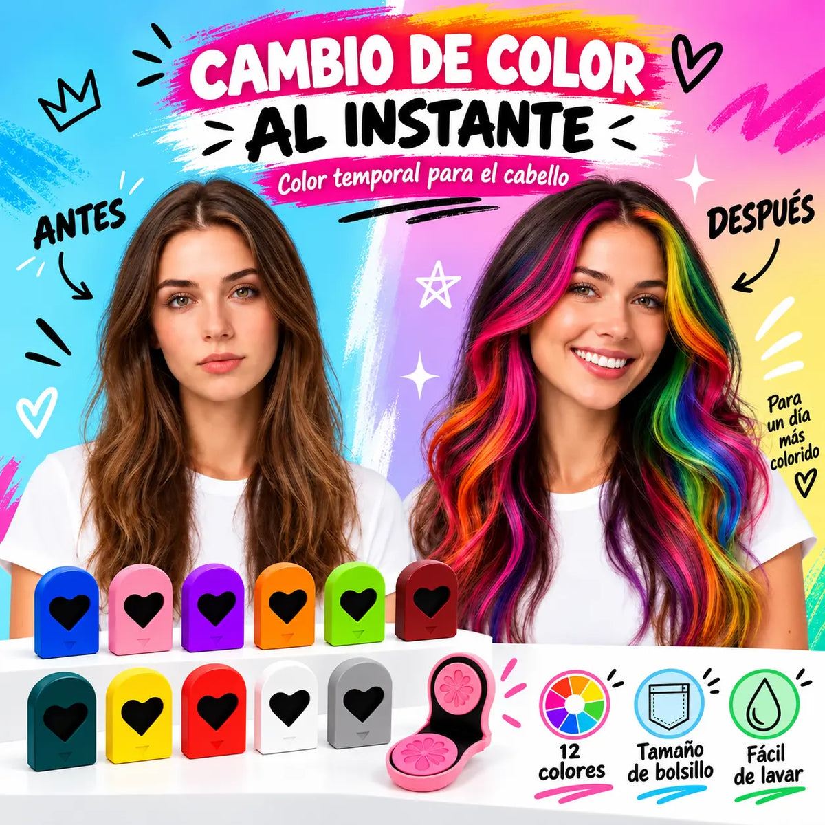 🌈 Coloración capilar en polvo compacto con 12 tonos para una coloración rápida.