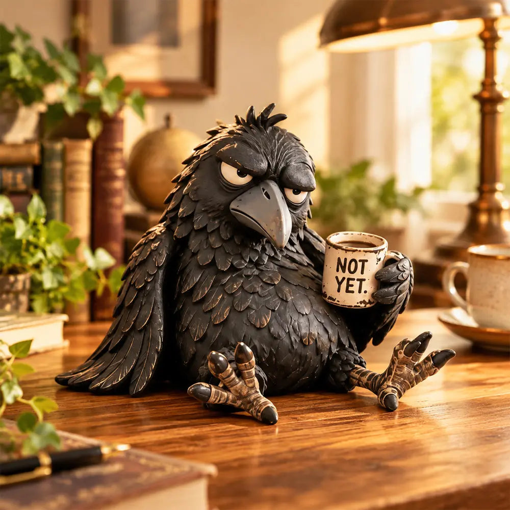 ☕😂 Figura de cuervo cafetero gruñón — Decoración matutina divertida para amantes del café
