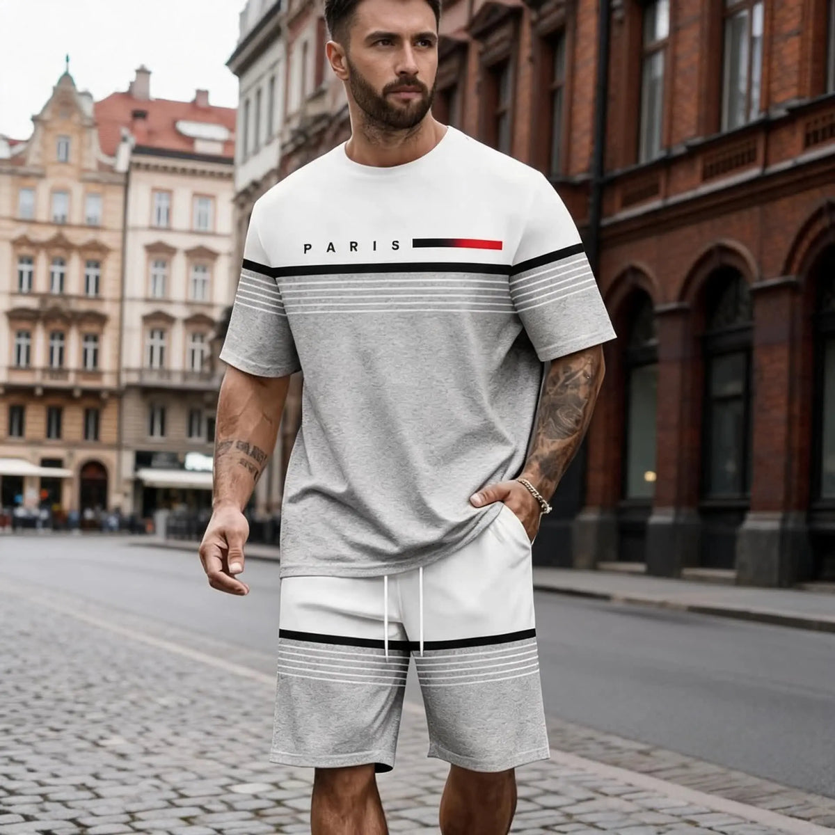 【S-5XL】Pánska ležérna a pohodlná súprava košele a šortiek s krátkym rukávom s potlačou písmen.