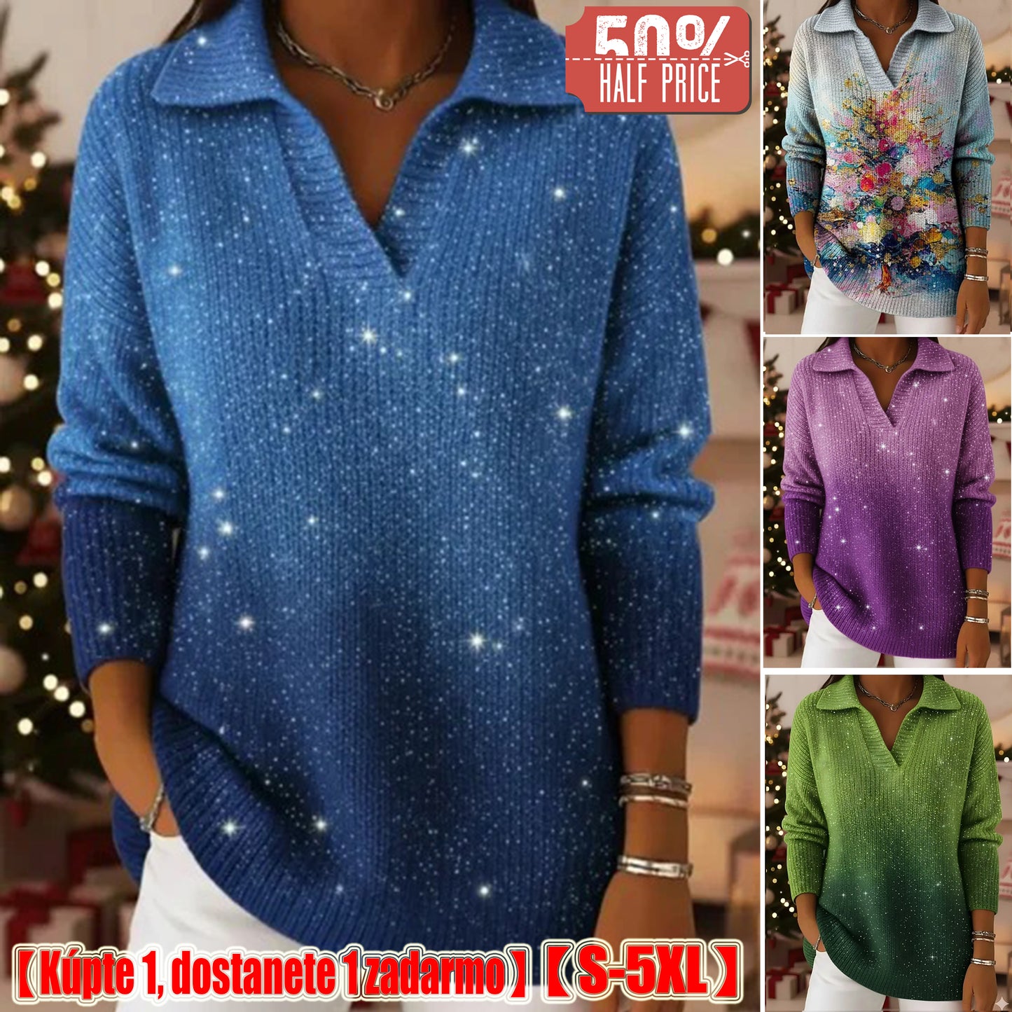 🔥【S-5XL】Pletený sveter s golierom a gradientným vzorom Dreamy Starly Sky