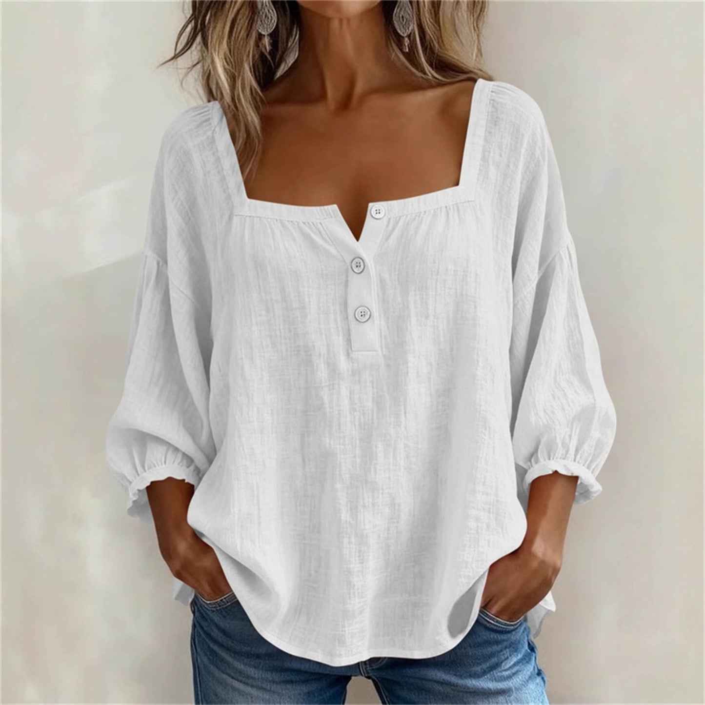 🌸【45-9G KG】Camisa Casual de Manga 3/4 para Mujer Blusa Elegante y Transpirable de Verano Top Holgado Color Liso