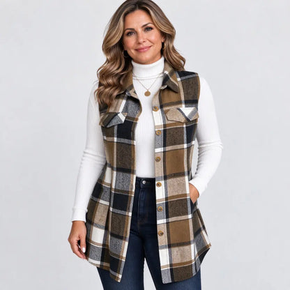 🧥 【S-5XL】Nuevo chaleco sin mangas para mujer: estampado de cuadros, con cuello, largo medio y disponible en tallas grandes