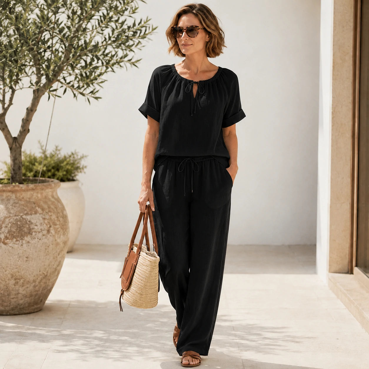 ⏳Oferta por tiempo limitado⏰ Conjunto de 2 piezas para mujer con top ajustable y pantalón – Corte relajado, cómodo y perfecto para estar en casa o para un look diario 🌸
