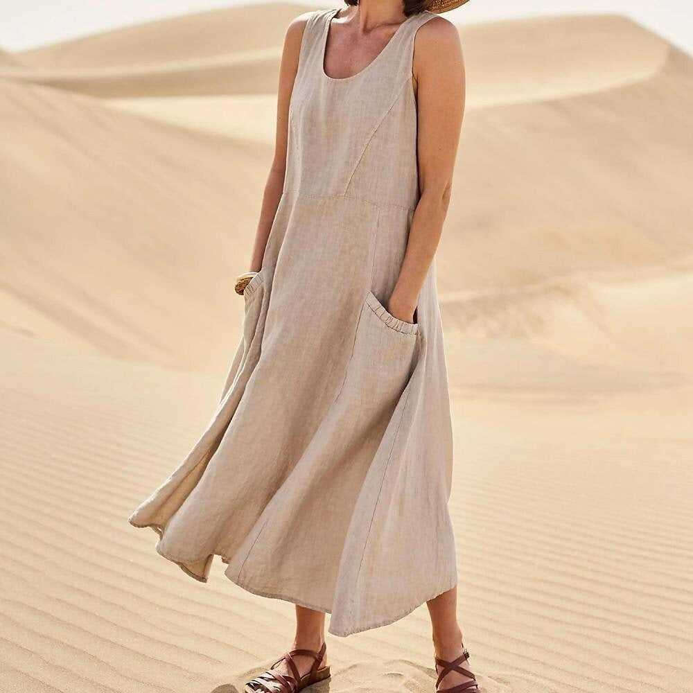 🌈👗【12 farieb, S-5XL】💖 Nové elegantné jednofarebné šaty bez rukávov s okrúhlym výstrihom z bavlny a ľanu na leto 2025.