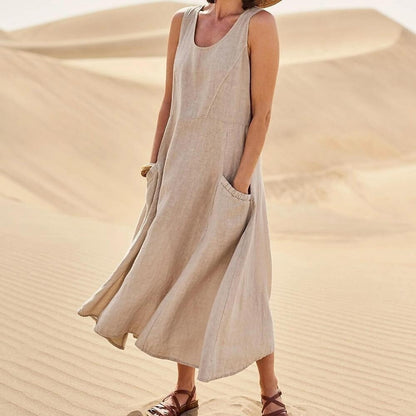 🌈👗【12 farieb, S-5XL】💖 Nové elegantné jednofarebné šaty bez rukávov s okrúhlym výstrihom z bavlny a ľanu na leto 2025.
