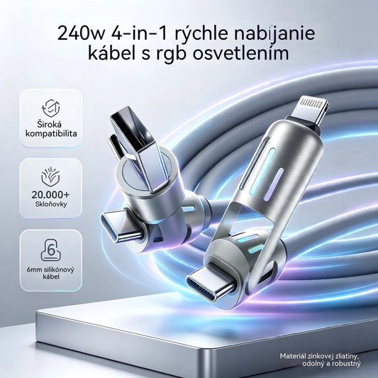 🔥 【2 kusy za 22 eur】 🔥 (dĺžka 2 metre) Kábel 4 v 1 PD 240 W – rýchle nabíjanie cez USB‑C, Lightning a USB‑A, hliník a silikón, synchronizácia dát ⚡📱
