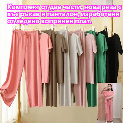 ❤️【M-4XL】Продукти от мека коприна  Къс ръкав + широк панталон ❤️ Комплект от две части