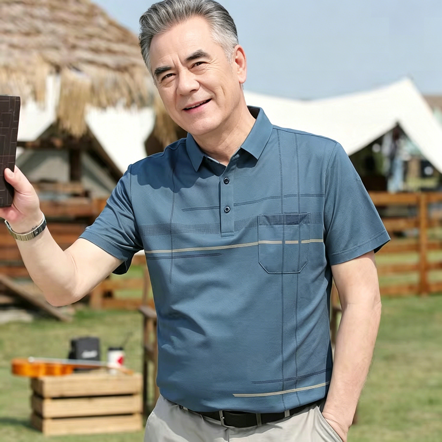 Polo/camiseta de manga corta para hombre, ideal para verano, para personas de mediana edad y mayores; fresco y antibacteriano.