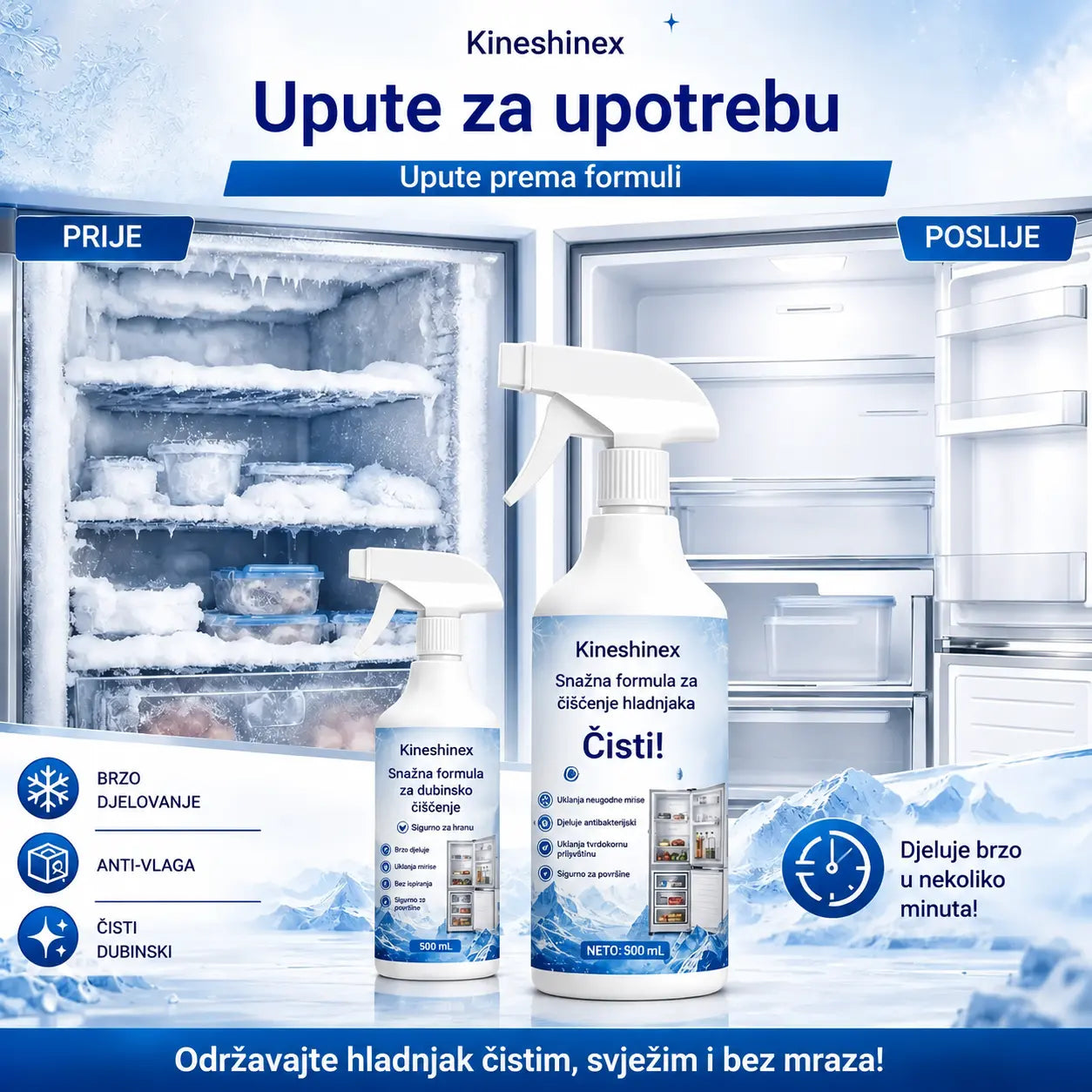 🔥【2 boce za 24 eura】❄️ Novi sprej za odmrzavanje (verzija 2026) 🧡 Brzo uklanja mraz iz zamrzivača