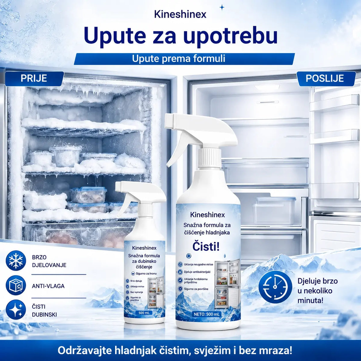 🔥【2 boce za 24 eura】❄️ Novi sprej za odmrzavanje (verzija 2026) 🧡 Brzo uklanja mraz iz zamrzivača