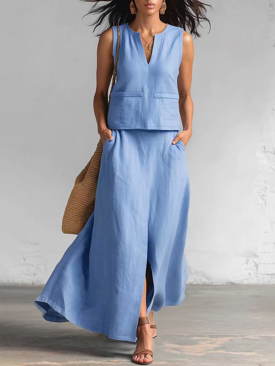 🔥 ¡Nueva llegada de verano! 😍 2026 Nuevo conjunto de dos piezas para mujer en colores sólidos: top de lino con cuello en V sin mangas y falda midi fluida
