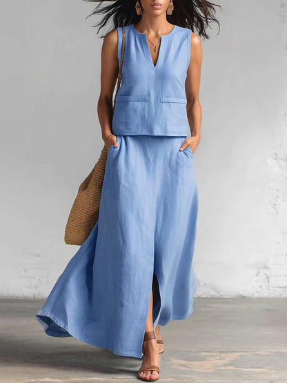 🔥 ¡Nueva llegada de verano! 😍 2026 Nuevo conjunto de dos piezas para mujer en colores sólidos: top de lino con cuello en V sin mangas y falda midi fluida