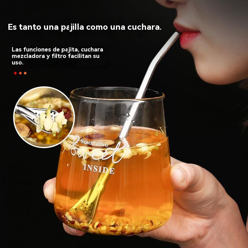 🥄☕Cuchara de paja de acero inoxidable 304 de doble uso, cuchara creativa para revolver café, filtro ecológico para té, leche y jugo
