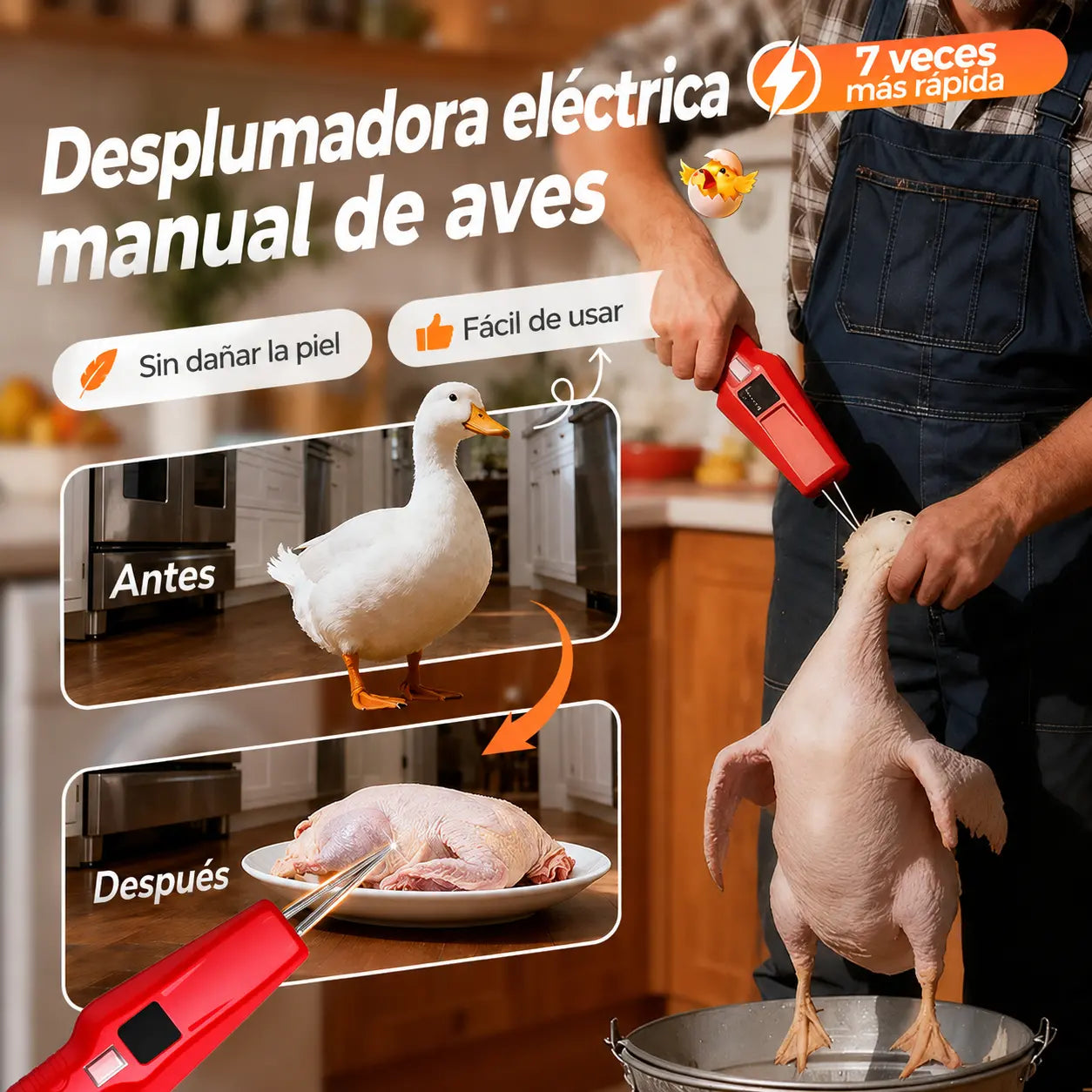🐓🦆 Desplumadora eléctrica portátil para pollos, patos, gansos y aves de corral (carga USB)