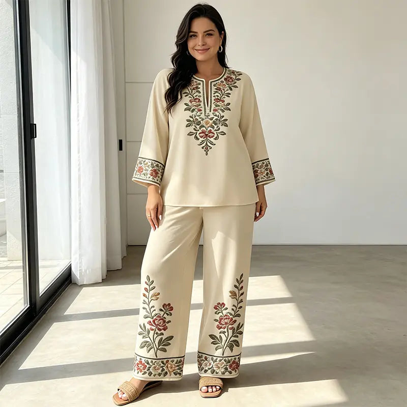 👒 Conjunto de Verano de Lino para Mujer de 2 Piezas: Blusa Holgada con Estampado Floral y Pantaloni Anchos – Tejido Suave, Transpirable y Respetuoso con la Piel 🌸✨