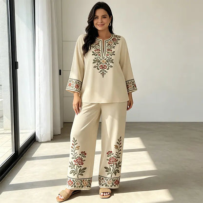 👒 Conjunto de Verano de Lino para Mujer de 2 Piezas: Blusa Holgada con Estampado Floral y Pantaloni Anchos – Tejido Suave, Transpirable y Respetuoso con la Piel 🌸✨