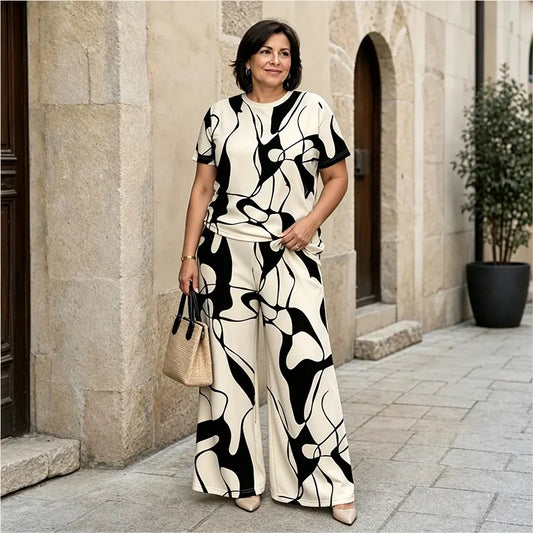 ✨【S-5XL】 ¡Elegante y casual! Conjunto de verano de tallas grandes con un moderno estampado geométrico.