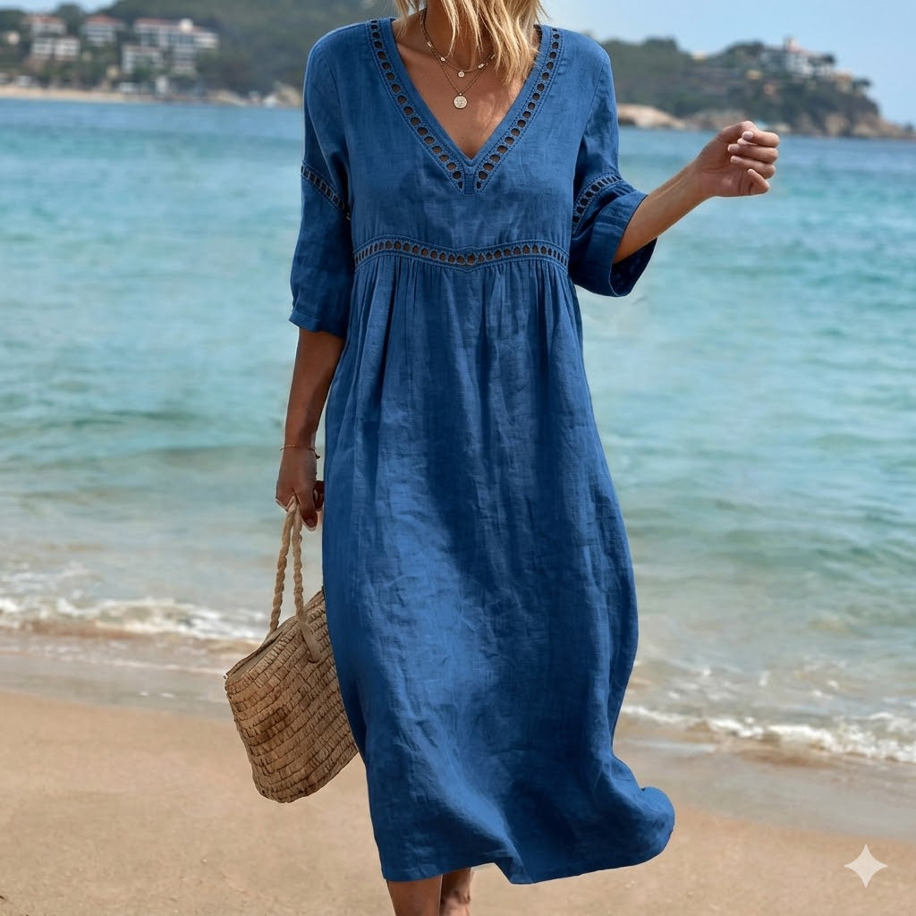 💎2026 Alta calidad💎【S-3XL】Vestido de mujer de algodón y lino con cuello en V, transpirable y suave, cómodo de llevar
