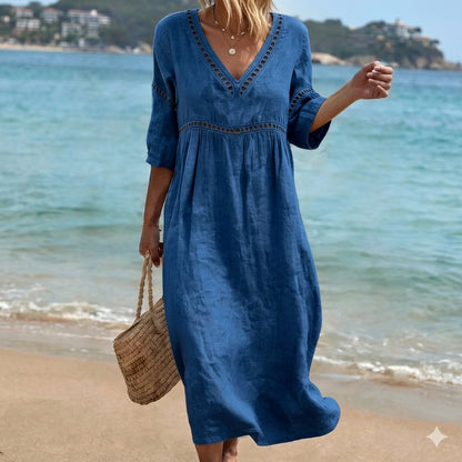 💎2026 Alta calidad💎【S-3XL】Vestido de mujer de algodón y lino con cuello en V, transpirable y suave, cómodo de llevar