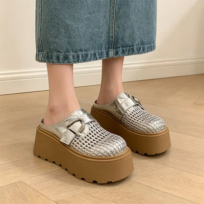 Zuecos con plataforma track para verano: diseño de tejido calado transpirable, estilo retro moderno, tallas 35-40