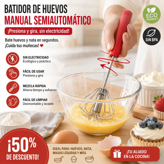 🥳Compra 1 y llévate 1 gratis🥳💞¡Más de 50.000 unidades vendidas!🥚💪 Batidor de huevos manual semiautomático: presiona y gira, sin electricidad. Bate huevos y nata en segundos. ¡Cuida tus muñecas! ✨🧁