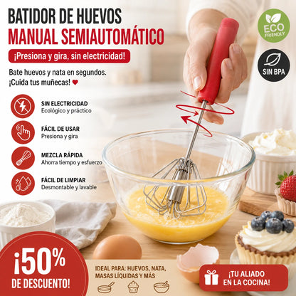 🥳Compra 1 y llévate 1 gratis🥳💞¡Más de 50.000 unidades vendidas!🥚💪 ¡50% de descuento! Batidor de huevos manual semiautomático: presiona y gira, sin electricidad. Bate huevos y nata en segundos. ¡Cuida tus muñecas! ✨🧁